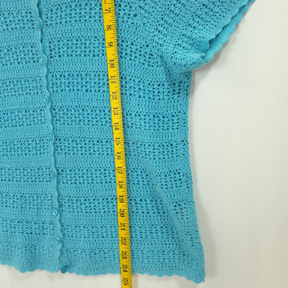 Turquoise Blue Crochet Cardigan Button Front Layering M Short Sleeve Cottagecore - Picture 5 of 10